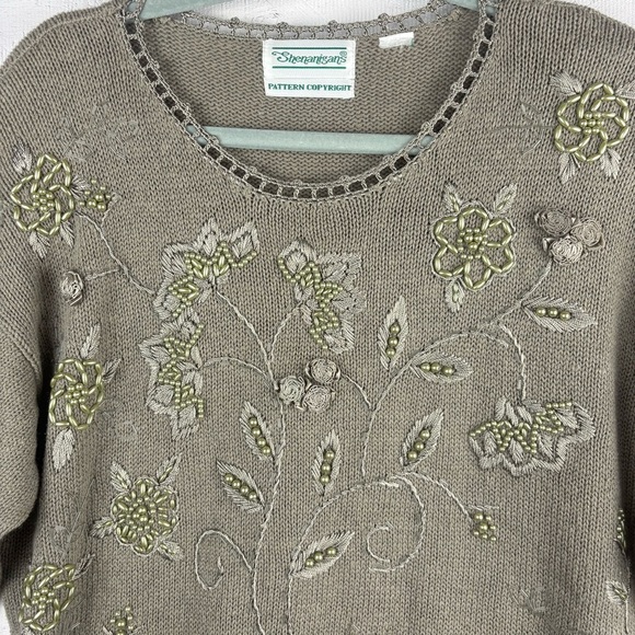 Vintage Shenanigans Embroidered and Beaded Beige Crocheted Sweater L - Picture 6 of 11